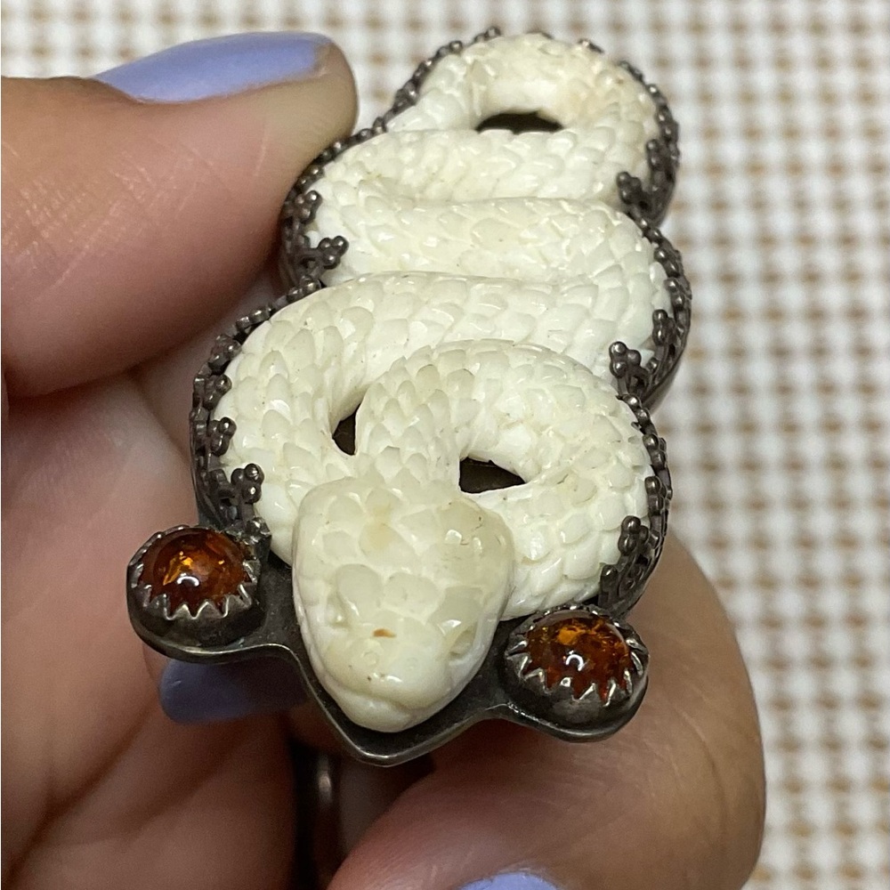 Ivory Snake Ring with Amber Accents 925 sterling silver